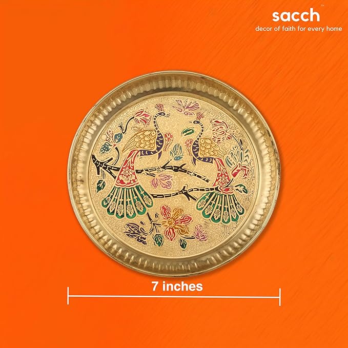 Sacch| Pooja Thali with 2 Diya, 1 Incense Holder, 1 Bell, 1 Lota, 1 Chandan pyali 1 Sindoor pyali and Decorative Design