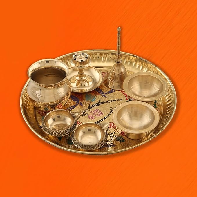 Sacch| Pooja Thali with 2 Diya, 1 Incense Holder, 1 Bell, 1 Lota, 1 Chandan pyali 1 Sindoor pyali and Decorative Design