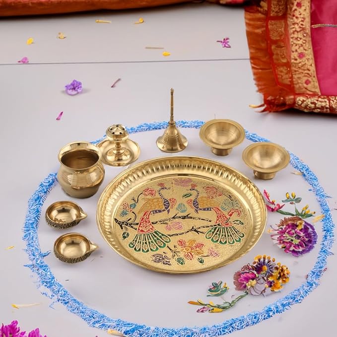 Sacch| Pooja Thali with 2 Diya, 1 Incense Holder, 1 Bell, 1 Lota, 1 Chandan pyali 1 Sindoor pyali and Decorative Design