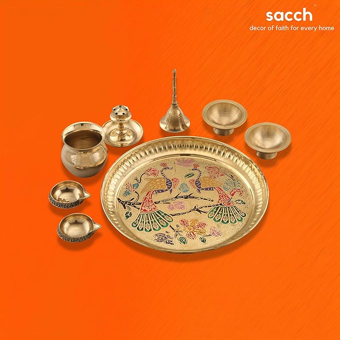 Sacch| Pooja Thali with 2 Diya, 1 Incense Holder, 1 Bell, 1 Lota, 1 Chandan pyali 1 Sindoor pyali and Decorative Design