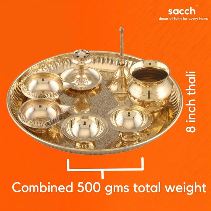Sacch| Pooja Thali with 2 Diya, 1 Incense Holder, 1 Bell, 1 Lota, 1 Chandan pyali 1 Sindoor pyali and Decorative Design (8 INCH)