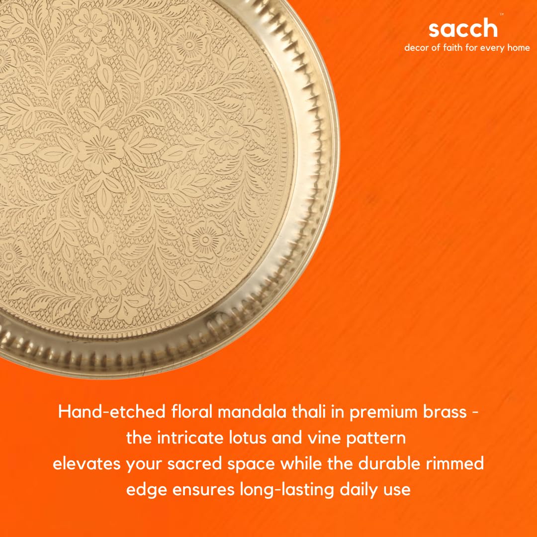 Sacch| Pooja Thali with 2 Diya, 1 Incense Holder, 1 Bell, 1 Lota, 1 Chandan pyali 1 Sindoor pyali and Decorative Design (8 INCH)