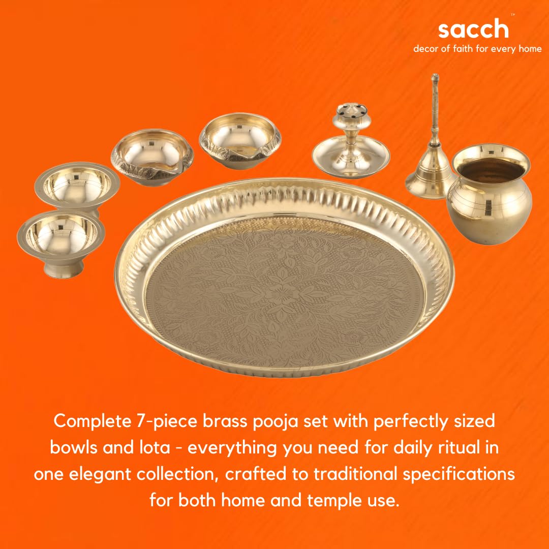 Sacch| Pooja Thali with 2 Diya, 1 Incense Holder, 1 Bell, 1 Lota, 1 Chandan pyali 1 Sindoor pyali and Decorative Design (8 INCH)