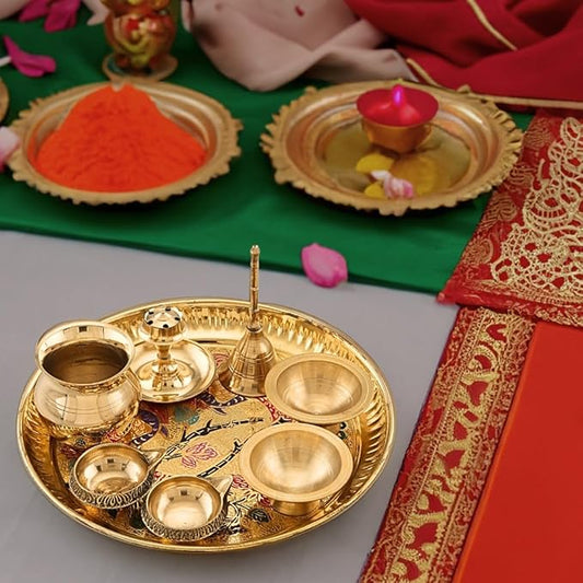 Sacch| Pooja Thali with 2 Diya, 1 Incense Holder, 1 Bell, 1 Lota, 1 Chandan pyali 1 Sindoor pyali and Decorative Design