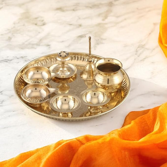 Sacch| Pooja Thali with 2 Diya, 1 Incense Holder, 1 Bell, 1 Lota, 1 Chandan pyali 1 Sindoor pyali and Decorative Design (8 INCH)